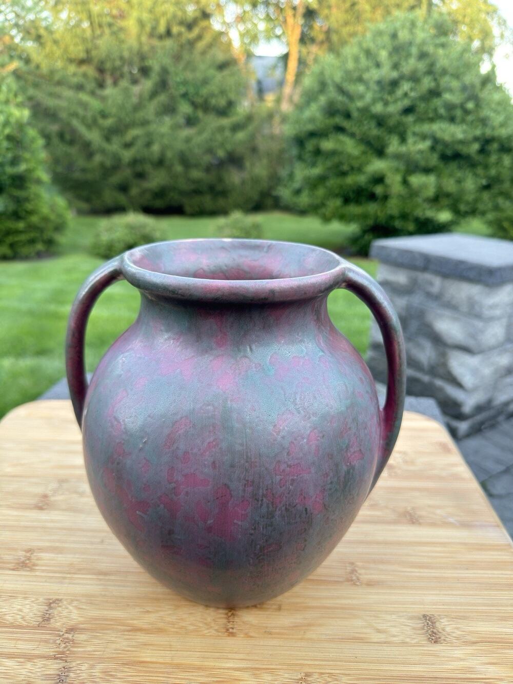 Antique Burley Winter Art Pottery 2-Handle Vase #52 Green Over Purple Matte Glaz